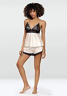 Top and shorts pajamas, satin, thin shoulder straps, lace cups